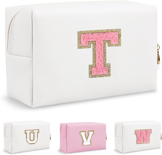 Personalized Small Travel Preppy Makeup Bag, Chenille Letter White Cute Makeup Bag Initial Cosmetic Pouch Toiletry Organizer, PU Leather Waterproof Makeup Storage Gifts for Teacher Women(Letter T)