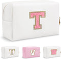 Personalized Small Travel Preppy Makeup Bag, Chenille Letter White Cute Makeup Bag Initial Cosmetic Pouch Toiletry Organizer, PU Leather Waterproof Makeup Storage Gifts for Teacher Women(Letter T)