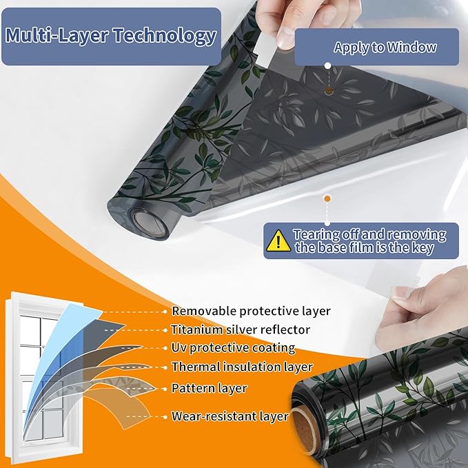 One Way Privacy Film, Window Tint for Home,Daytime Reflective, Anti UV Static Cling Sliding Door Coverings No Glue Garage Solar Paper (Black - Silver-Leaves, 45.27 x 78.7 in)