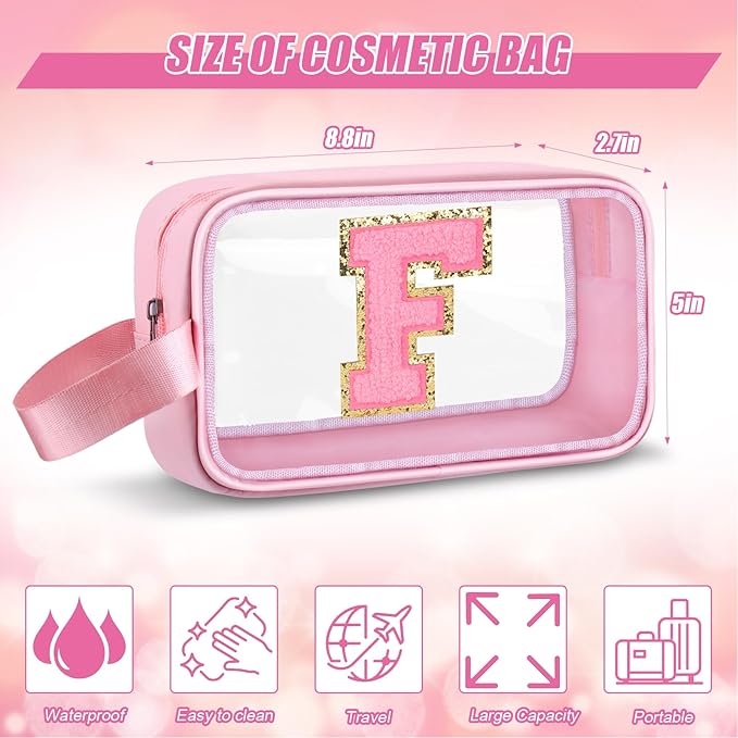 Initial Makeup Bag,Letter F Cute Clear Monogrammed Cosmetic Travel Bag for Womens Girls,Personalized Pink Aesthetic Traveling Make Up Organizer Bag for Beach,Waterproof Toiletry Bag