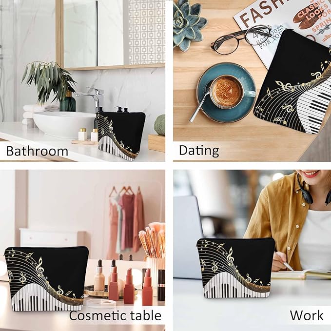 Women Makeup Organizer Bag Piano Music Notes Instrument Piano Flax Cosmetic Bag Makeup Bags Toiletry Bag Accessories Organizer Travel Bags For Home Bathroom Office Hotel Gym Black Golden
