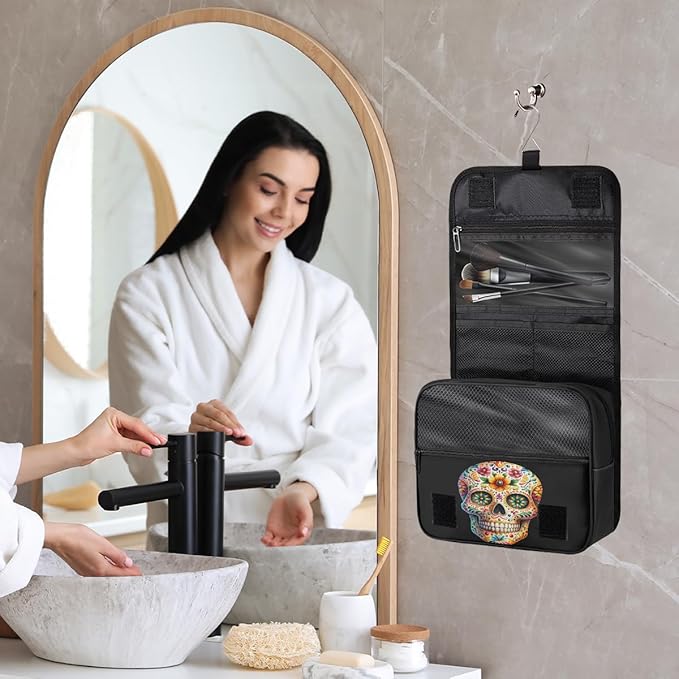Travel Toiletry Bag for Women & Men Skull Cool Flower Hanging Cosmetic Organizer Portable Waterproof Makeup Case Make Up Bag with Compartments Travel Essentials for Bathroom Shower