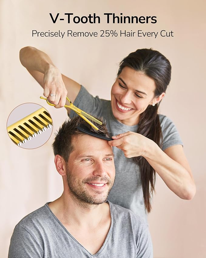 ULG Professional Hair Cutting Scissors Set – 6.5” Japanese Stainless Steel Barber Shears & Thinning Scissors with Comb, Clips & Case – at-Home Salon Haircut Kit Gold