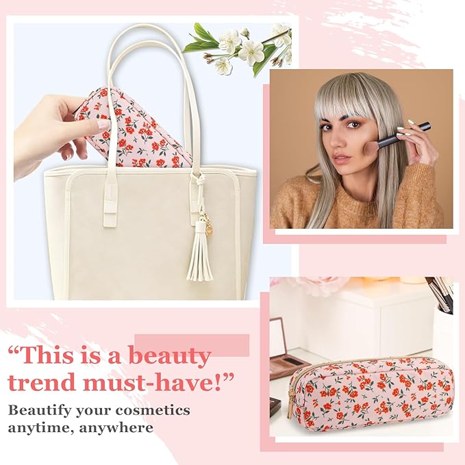 Nylon Small Floral Makeup Bag Slim Pouch, Preppy Cute Makeup Brush Bag Pink Makeup Bag Flower Cosmetic Zipper Pouch for Purse, Waterproof Travel Toiletry Bag Make Up Organizer for Women(Pink-Floral)