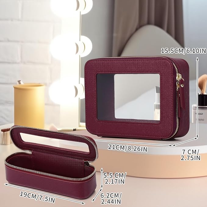 Pinkmik Travel Clear Makeup Bag with Brush Case TSA Approved Toiletry Bag Waterproof Cosmetic Organizer with Zipper Car Essential for Women (X/Burgundy, M+SLIM)