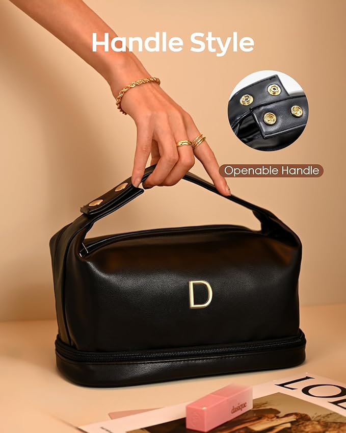 Gift Ideas, for Women 20S-Personalized Makeup Bags, Initial Bags with Handle, Double Layer Cosmetic Bag, Large Capacity Makeup Bags Letter Travel Toiletry Bag with Makeup Brush Organizer