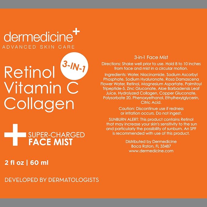 3 in 1 Super-Charged Anti-Aging Face Mist w/Retinol, Vitamin C + Collagen | Hydrates, Refreshes & Brightens for a More Glowing Complexion | 2 fl oz, 60 ml