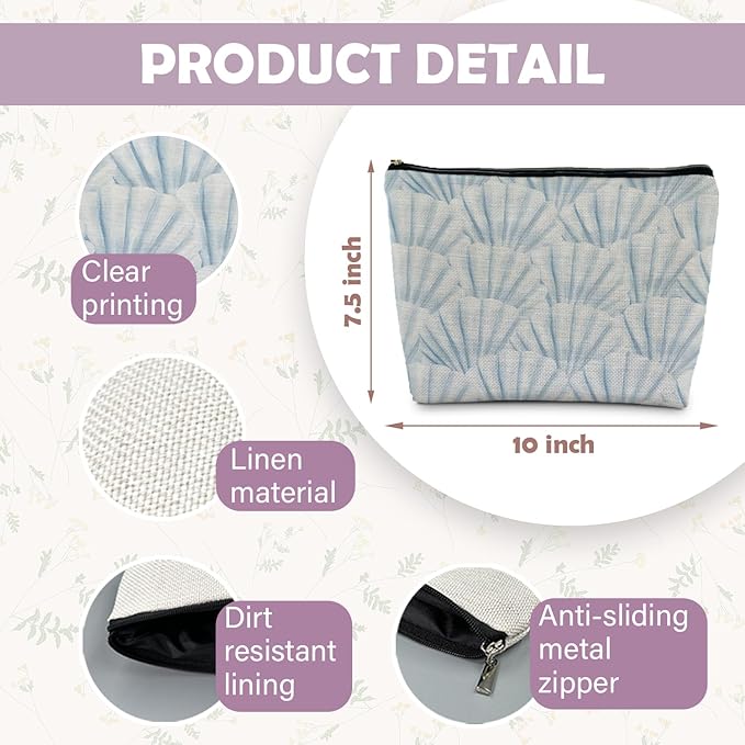 Beach Makeup Bag, Beach Gifts for Women, Blue Sea Shell Preppy Beach Cosmetic Bags Zipper Pouch, Beach Gifts for Women Friends, Beach Lovers Gifts, Blue Makeup Pouch Zipper Bag