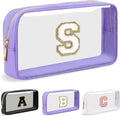 Personalized Initial Letter Clear Preppy Makeup Bag, Purple Chenille Letter Nylon Cosmetic Zipper Pouch, TSA Approved Travel Toiletry Bag, Monogram Makeup Case Gift for Women