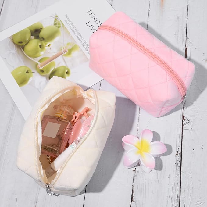 SOIDRAM 2 Pieces Makeup Bag Checkered Cosmetic Bag Plush Pink White Makeup Pouch Travel Toiletry Bag Organizer Cute Makeup Brushes Storage Bag for Women