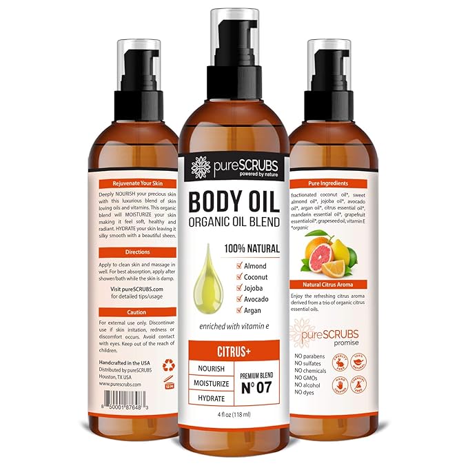 pureSCRUBS Ultra Moisturizing Citrus+ Body Oil Spray for Dry Skin, Massage, Cuticles & More Organic Super Blend of Jojoba, Argan, Coconut, Sweet Almond & Avocado Oils Enriched with Vitamin E, Lg 4oz