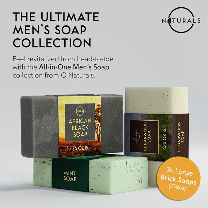 O Naturals Bar Soap for Men - 3-Pcs Mens Soap Bar - Natural Soap - Mens Soap - Body Men Soap Bars - Natural Soap for Men - Organic Men's Soap Bars - Exfoliating Bar Soap - African Black,Cedarwood,Mint