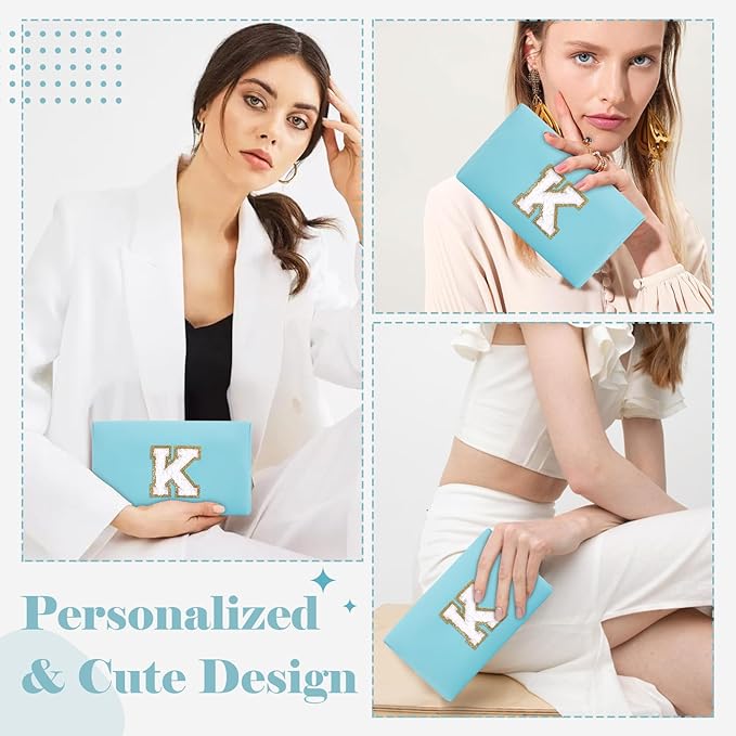 Small Personalized Initial A-Z Preppy Patch Makeup Bag,PU Chenille Letter Travel Cosmetic Pouch with Zipper,Blue Cute Toiletry Bag,Gift Ideal for Teen Girls Women Teacher Bridesmaid,Letter K