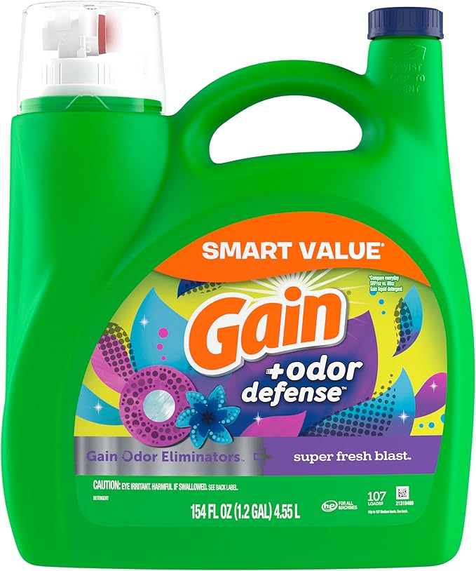 Gain + Odor Defense Liquid Laundry Detergent, Super Fresh Blast Scent, 107 Loads, HE Compatible