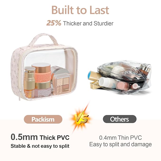 PACKISM Clear Makeup Bag - 2 Pack TSA Approved Toiletry Bag with Handle and 180° Large Opening, Sturdy Clear Toiletry Bag Fit Carry-on Travel Essential, Travel Bags for Toiletries, Pink Ditsy Floral