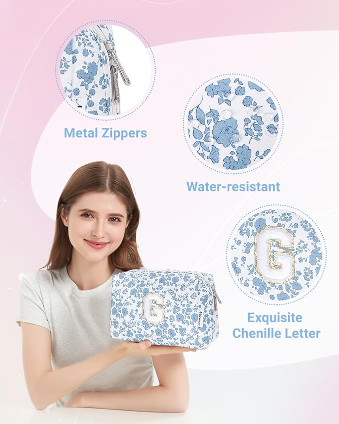 Narwey Birthday Gifts for Teen Girls Kids Women Personalized Initial Floral Makeup Bag Cute Cosmetic Trendy Stuff 6 8 10 11 12 13 14 16 18 Years Old Travel Toiletry Bag (Little Blue Flower G)