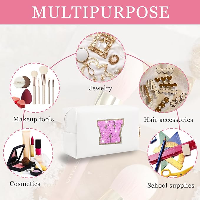 Personalized Initial Letter Patch Makeup Bag, Preppy Glitter Letter Makeup Organizer, Cute Monogrammed Pouch Cosmetic Bag PU Leather Waterproof Travel Toiletry Bag, Gift for Women Teen Girls(Letter W)