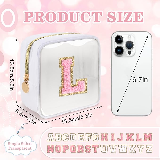 Mini Clear Personalized Initial Makeup Bag,Nylon Preppy A-Z Chenille Letter Patch Zipper Cosmetic Bag, Small Cute Beach Pouch Travel Purse Sanitary Napkin Storage Bag for Women Girls(White-Pink L)