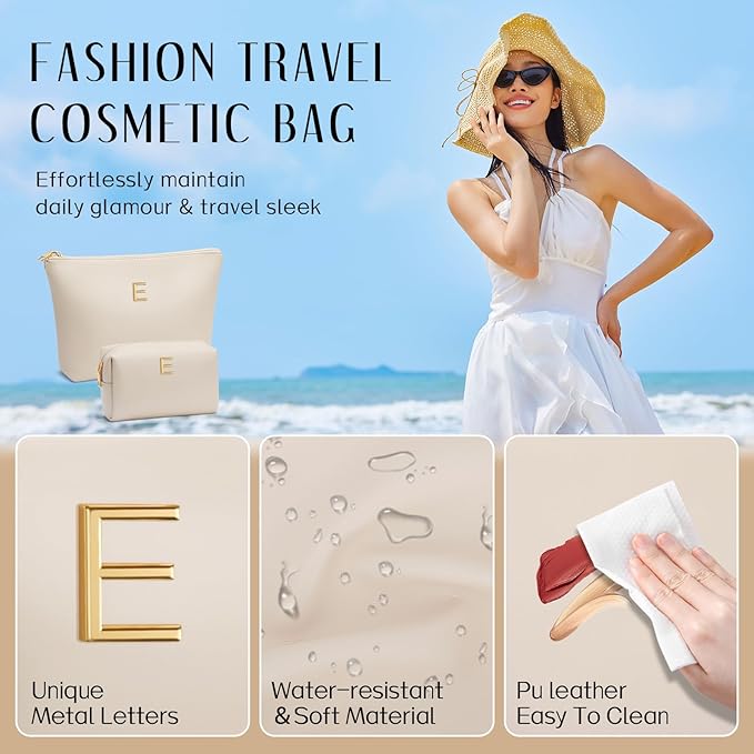 Women Gifts | Initial Makeup Bag Set for Girl Personalized Gifts for Bridesmaid Friend Graduation Teachers PU Leather Cosmetic Travel Toiletry Bag(Beige,E)