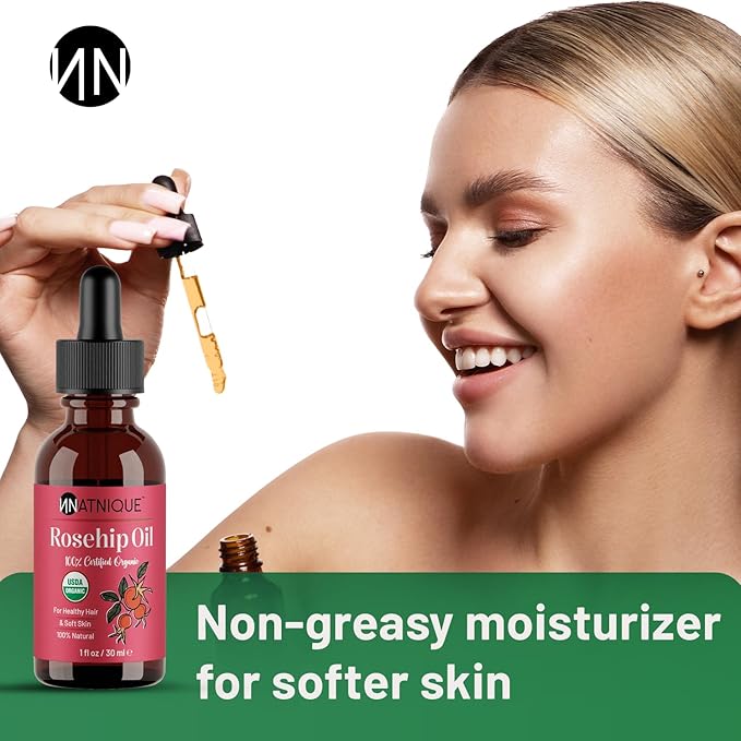 Natnique Organic Rosehip Seed Oil, 1 oz – USDA Certified Cold-Pressed Moisturizer for Face, Skin & Hair – Natural Hydrating Serum for Wrinkles & Fine Lines – Ideal for Gua Sha Massage & Radiant Glow