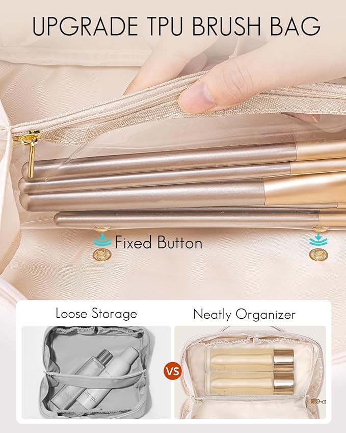 Vlando Makeup Bag,Large Capacity Toiletry Bag for Women Waterproof Portable Make up Pouch PU Leather Open Flat Cosmetic Bag(Light Pink)