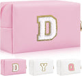 Iqimott Personalized Initial Letter Patch Makeup Bag, Preppy Portable Chenille Letter Cosmetic Bag with Zipper, PU Leather Waterproof Travel Toiletry Bag Monogram Make Up Pouch Girls(Letter D)
