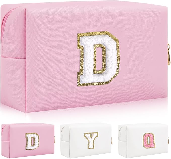 Iqimott Personalized Initial Letter Patch Makeup Bag, Preppy Portable Chenille Letter Cosmetic Bag with Zipper, PU Leather Waterproof Travel Toiletry Bag Monogram Make Up Pouch Girls(Letter D)