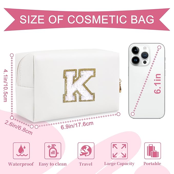 Small Personalized Initial A-Z Preppy Patch Makeup Bag,White PU Chenille Letter Travel Cosmetic Pouch with Zipper,Cute Toiletry Bag,Gift Ideal for Teen Girls Women Teacher Bridesmaid,Letter K