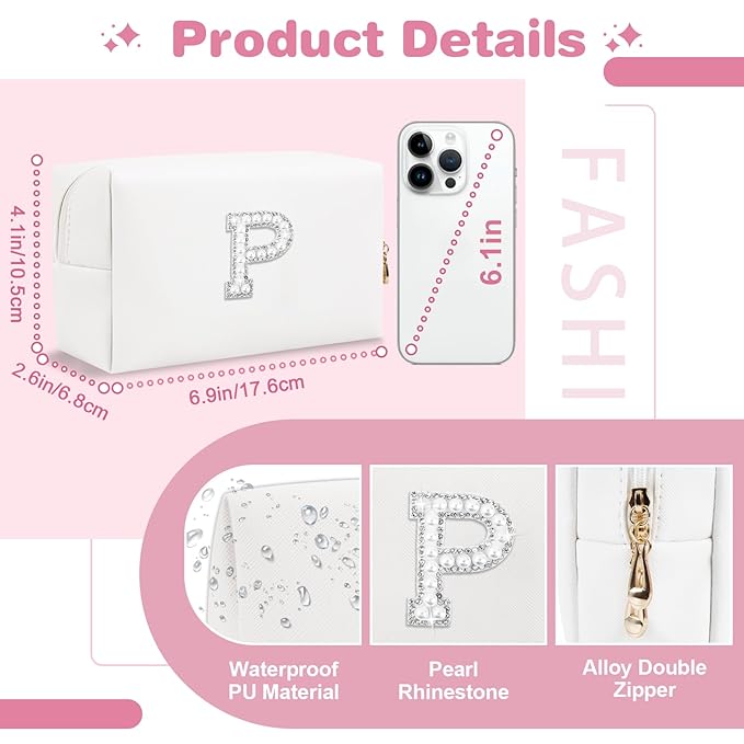 Bride Gifts – Personalized Initial Makeup Bag with Pearl Rhinestone Patch, Preppy White Monogram Cosmetic/Toiletry Pouch, bridesmaid Gifts, Bridal Shower Gifts, Wedding Gifts, Bridal Gifts,P