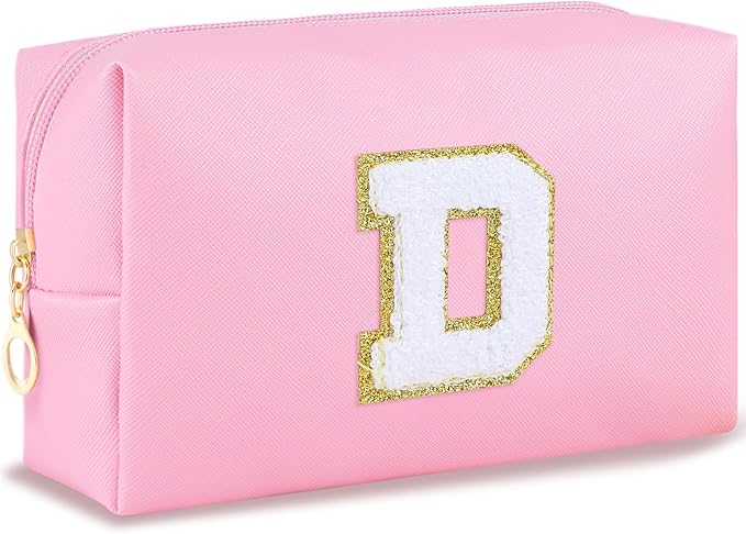 Initial Makeup Bag Personalized Preppy Travel Small PU Cosmetic Bag Pink Makeup Pouch Zipper Toiletry Organizer for Women Girls Mom Friend Bridesmaid Teacher Sister Prom Christmas Gift（D）