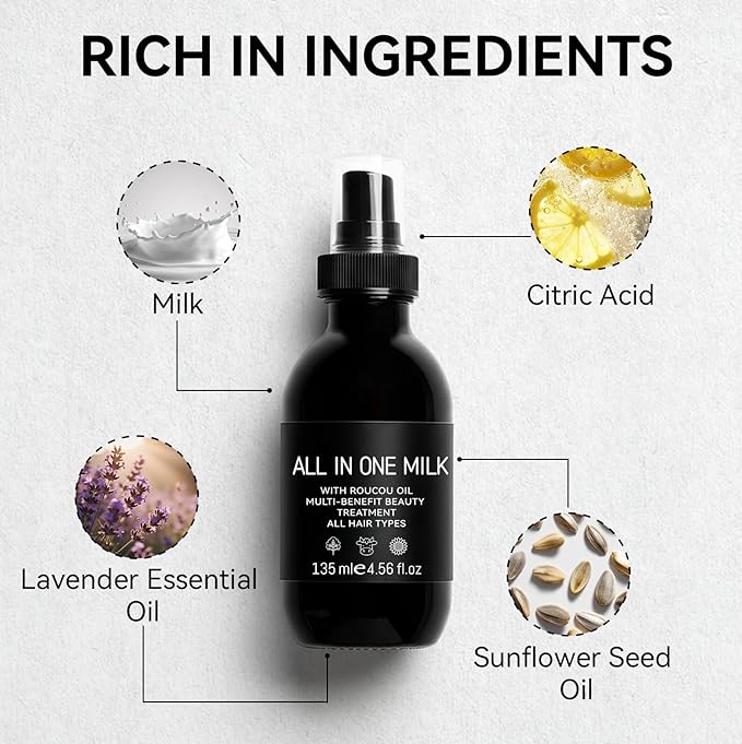 Hair Milk Spray, Nourishes Hair Detangler Conditioner, Repairs Dry, Damage & Split Brittle Strands, All in One Leave-In Mist for All Hair Types, Cruelty Free Refreshing Formula, 4.56 Fl Oz