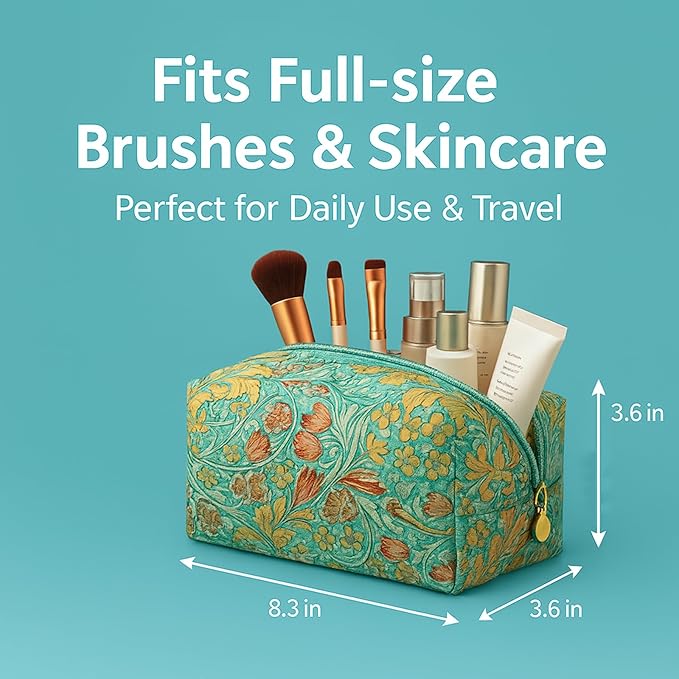 Floral Cotton Makeup Brush Cosmetic Bag for Women, Travel Quilted Zipper Pouch, Large Capacity Flowers Toiletry Organizer, Kawaii Makeup Storage Case, Cosmetic Travel Cloth Bag-Garden Light Blue