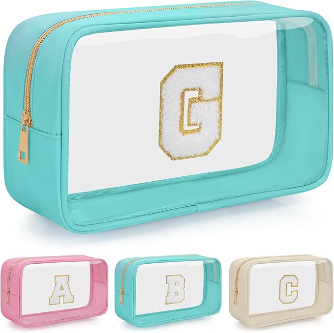 Personalized Initial Clear Makeup Bag, Travel Chenille Patch Cosmetic Bag, Preppy Toiletry Bag Monogram Cosmetic Pouch with Zipper, Ideal Gift for Teen Girls Women (Clear-Green, G)