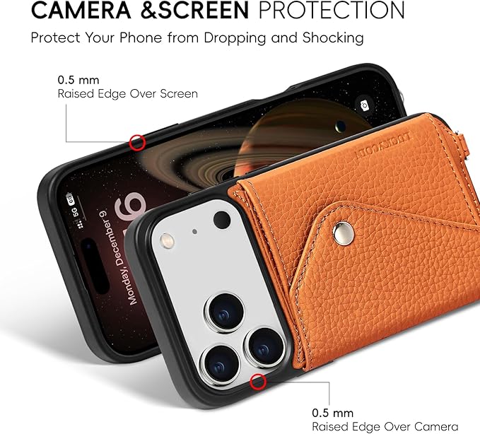 LUCKYCOIN Crossbody Wallet Phone Case for iPhone 17 Pro,100% Genuine Leather Wallet Phone Case with Expandable Flip Card Holder,Phone Purse for Women with Adjustable Removable Strap - Pebble Brown