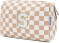 Narwey Birthday Gifts for Women Teen Girls Kids Personalized Initial Checkered Makeup Bag Cute Cosmetic Bag Trendy Stuff 6 8 10 11 12 13 14 16 18 Years Old Travel Toiletry Bag (Brown Letter S)