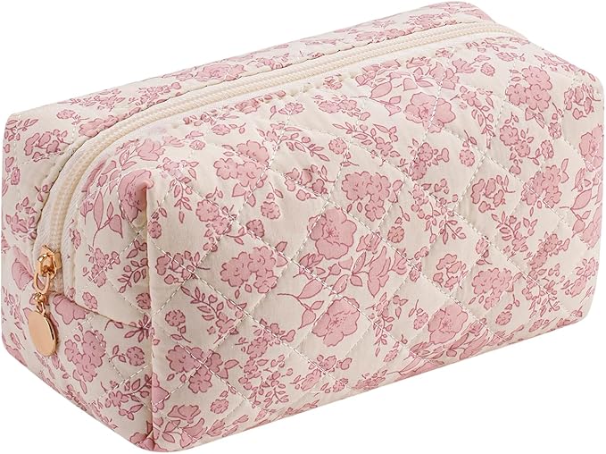 JOVAKIT Square Makeup Bag Cute Cosmetic Bag for Women, Floral Coquette Aesthetic Toiletry Bag, Zipper Make Up Pouch, Travel Make Up Organizer Bag (Light Pink Floral)