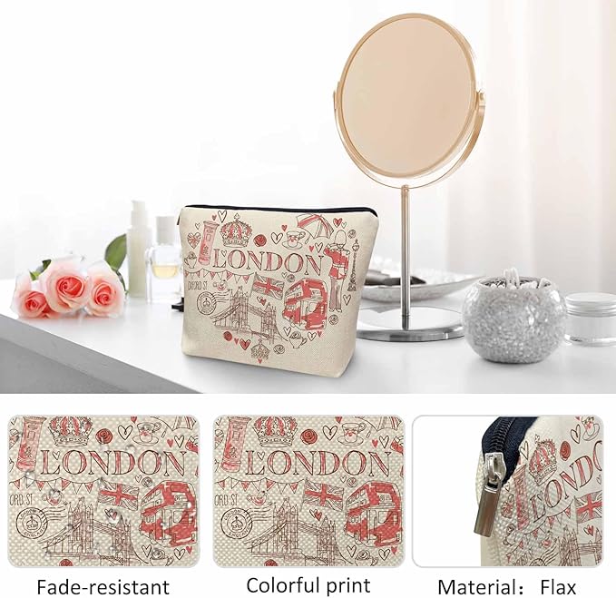 Women Makeup Organizer Bag London, Heart Shape I Love London Quote Flax Cosmetic Bag Makeup Bags Toiletry Bag Accessories Organizer Travel Bags For Home Bathroom Office Hotel Gym
