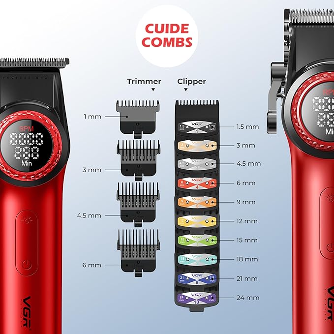 VGR 3 in 1 Professional Barber Clippers Set of Hair Clipper Trimmer Foil Shaver, Cordless Haircut Kit with Upgraded Powerful Motor, Integrated Charging Station, LED Display, Storage Box, Red