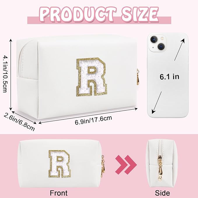 Small Travel Initial Preppy Makeup Bag, Personalized White Cute Cosmetic Organizer Chenille Letter Travel Toiltery Zipper Pouch, Waterproof PU Make Up Case Gifts for Mom Friendship Coworker(Letter R)