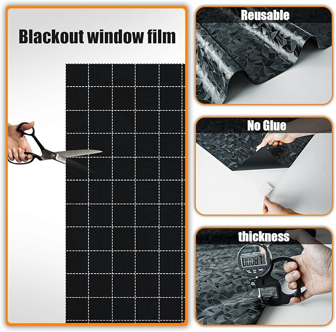 QHY Sunshine Total Blackout Window Film Privacy， Frosted Glass Window Film，Black Window Tint， No Glue， Detachable, no Marks, Suitable for Repeated use (Black Rainbow, 17.5 in X 157.4 in)