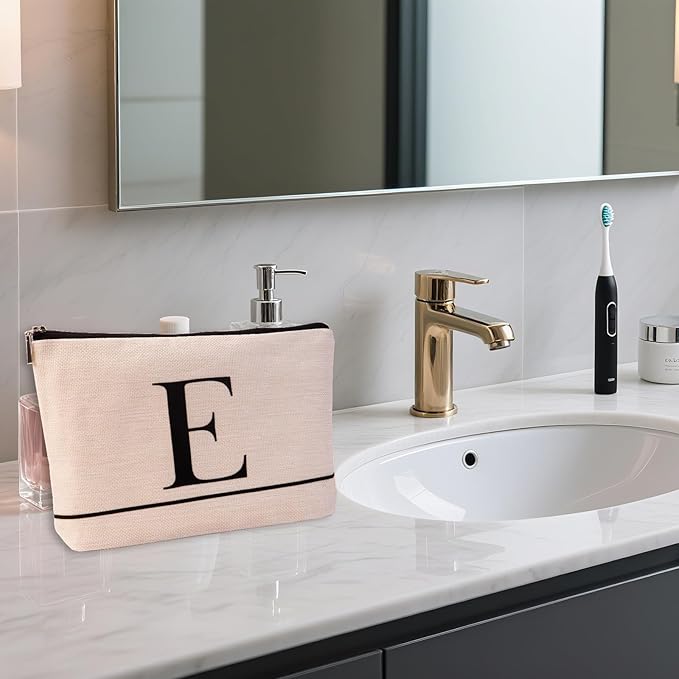 Letter A-Z Initial Personalized Makeup Bags, Birthday Gifts for Women, Monogrammed Gifts for Women Mom Sister Best Friend Bride Bridesmaid, Mothers Day, Christmas, Small Travel Cosmetic Bag (E)