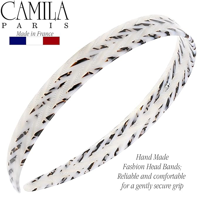Camila Paris CP3468 French Headband for Women, Handmade White and Gray, Strong Hold Grip Women's Hair Band, Ligth and Very Flexible, No Slip and Durable Styling Girls Hair Accessories, Made in France