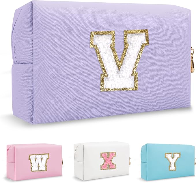 Personalized Initial Preppy Patch Makeup Bag, Cute Purple Cosmetic Organizer Travel Toiletry Zipper Pouch Small Makeup Bag for Purse,PU Leather Make Up Storage Valentines Day Gifts for Women(Letter V)