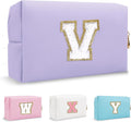 Personalized Initial Preppy Patch Makeup Bag, Cute Purple Cosmetic Organizer Travel Toiletry Zipper Pouch Small Makeup Bag for Purse,PU Leather Make Up Storage Valentines Day Gifts for Women(Letter V)
