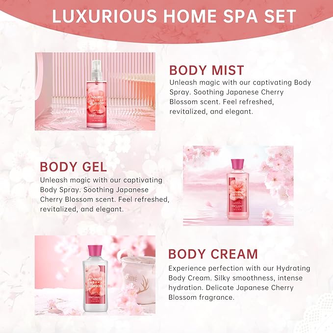 Japanese Cherry Blossom Spa Gift Set for Women and Girls, Bath and Body Care Kit with Gel, Lotion, Mist, Travel Size, with Natural Extracts - Body Care Kit for Birthday, Mother's Day, Christmas Gifts