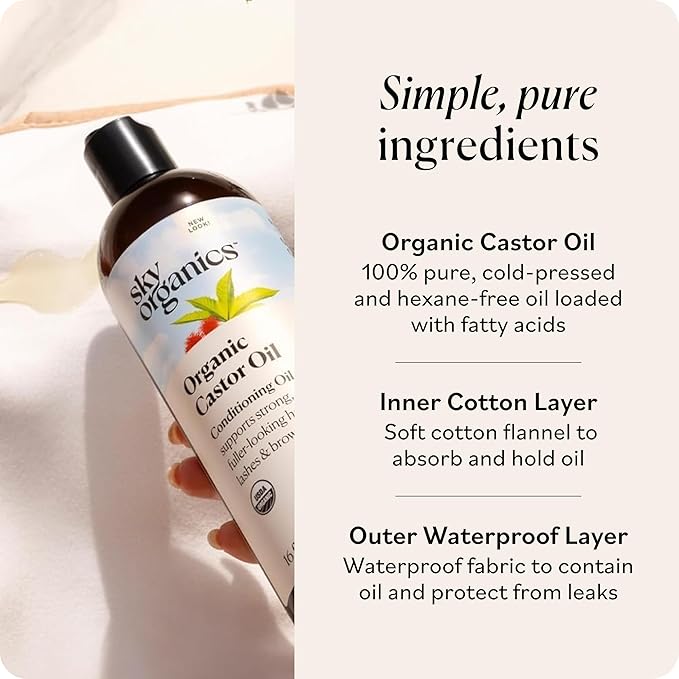 Sky Organics 16oz Castor Oil w/Wraps | Reusable Organic Castor Oil Pack to Boost Body's Wellness, Encourage Rest & Relaxation | Adjustable Elastic Straps Cotton Durable Easy to Use