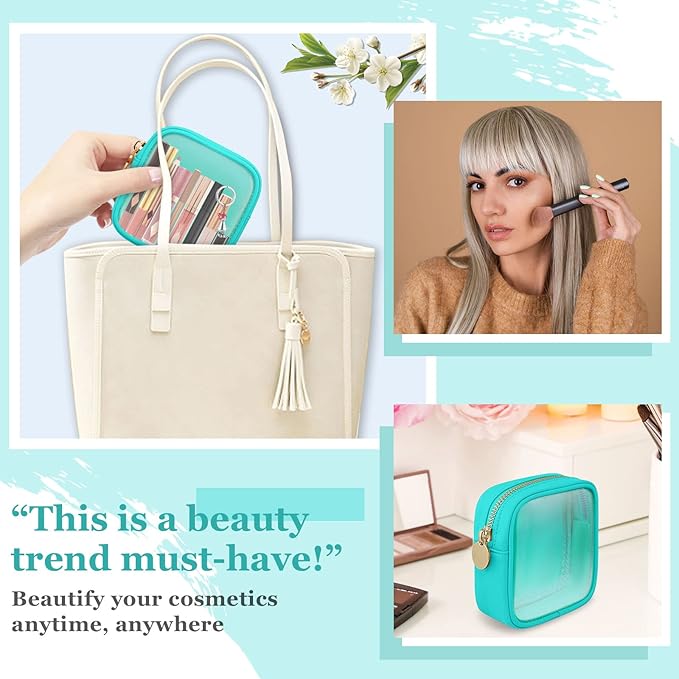 Mini Clear Travel Makeup Organizer Bag for Purse, Small Cute Preppy Makeup Bag Cosmetic Zipper Pouch Purse, Transparent PVC & Nylon Waterproof Travel Toiletry Storage Clutch for Women Men Girls(Mint)