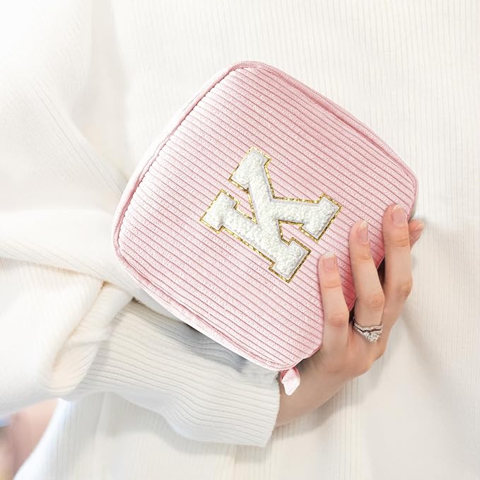 LETGO Birthday Gifts for Women Small Personalized Initial Monogram Makeup Bag,Preppy Corduroy Makeup Bags Travel Toiletry Bag Cute Pouch Purse for Her Mom Girlfriend Wife Sister Teacher Bridesmaid