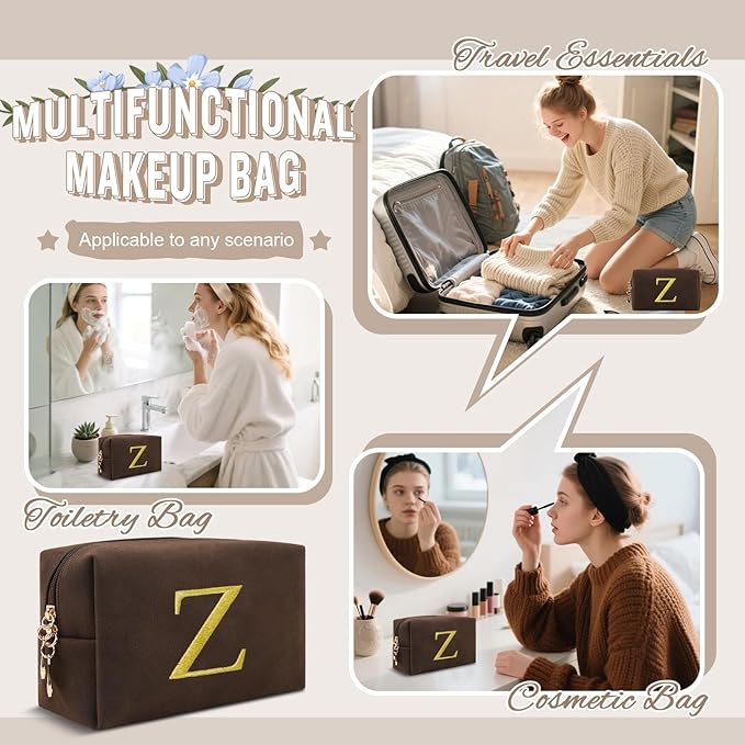 Personalized Initial Makeup Bag,Preppy Suede Cosmetic Bag for Teen Girls,Small Monogram Travel Toiletry Bag With Gold Embroidered Letter,Trendy Stuff Custom Christmas Gift for Women(Coffee-Z)