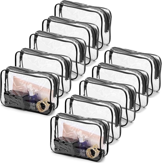 Tbestmax 10 Pcs Clear Cosmetic Bags Small Makeup Bags Portable Waterproof Travel Toiletry Bags Organizer Black, 7.5"x 4.8"x 2.3"